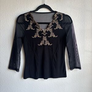 Vintage Adam pour Eve Black Sheer Mesh Embroidered Whimsigoth Witchy Top Size S